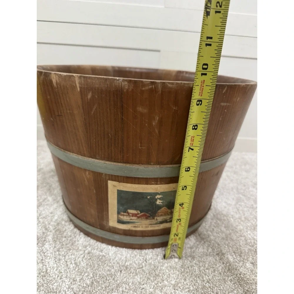 Antique PRIMITIVE Vintage Wooden Bucket w/ Swing Handle 2 Metal Bands Christmas